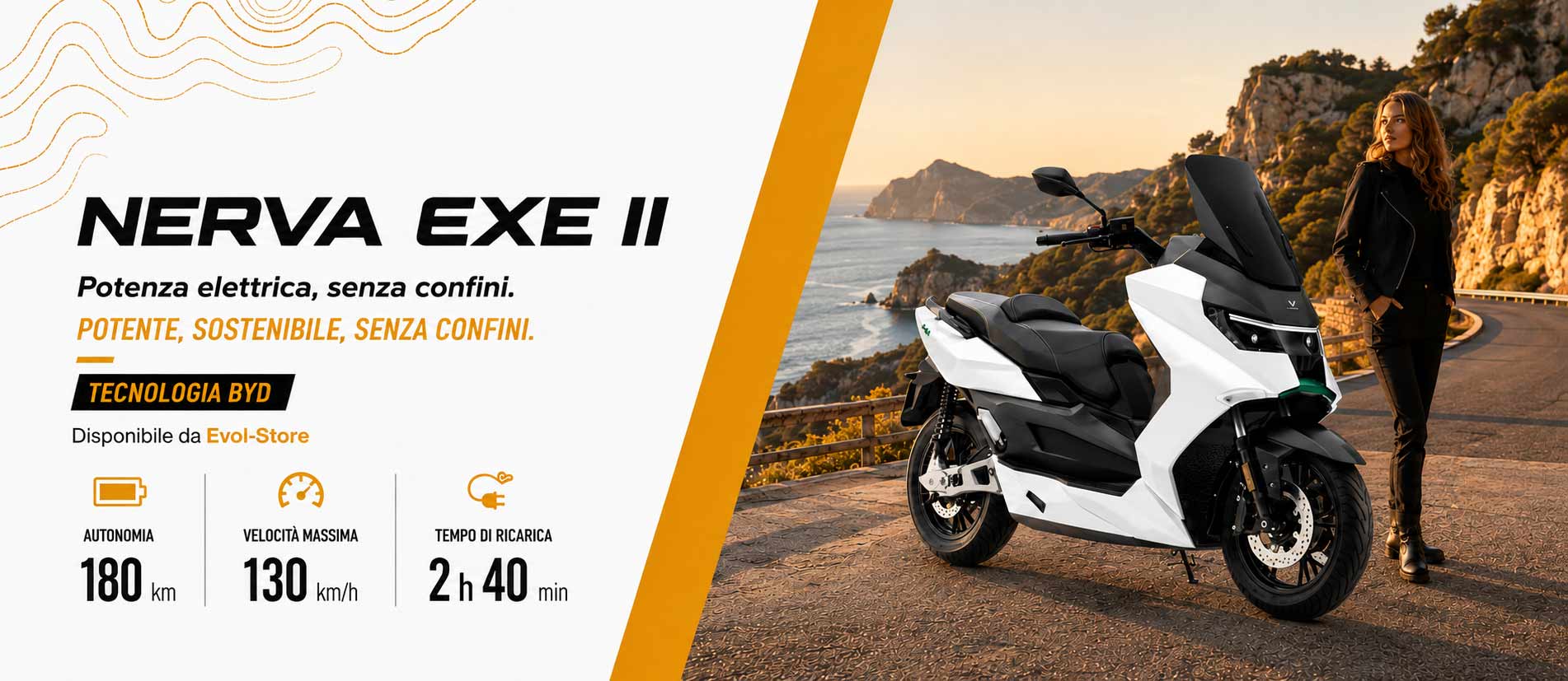 Nerva EXE II: autonomia fino a 180 km, velocità massima 130 km/h e ricarica completa in 2 ore e 40 minuti.