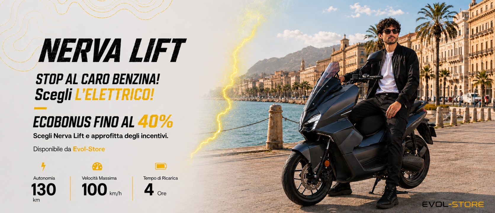 Nerva Lift: ecobonus fino al 40%, autonomia 130 km, velocità 100 km/h e ricarica in 4 ore.